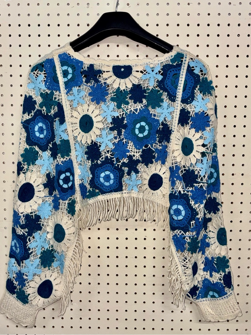 House of Harlow 1960 Blue & Cream Crochet Floral Fringe Sweater